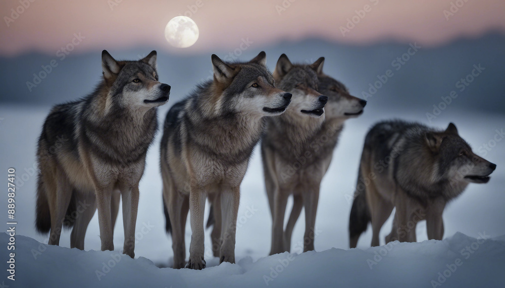 Naklejka premium A pack of wolves howling at a full moon, with snow-covered mountains in the background