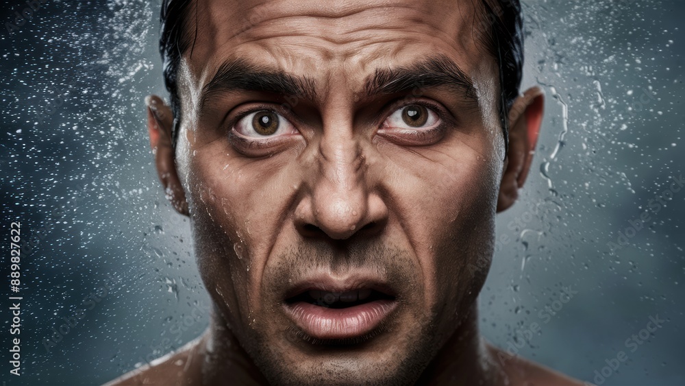 A man with a towel on his head is getting water thrown at him, AI A man with a towel on his head is getting water thrown at him, AI