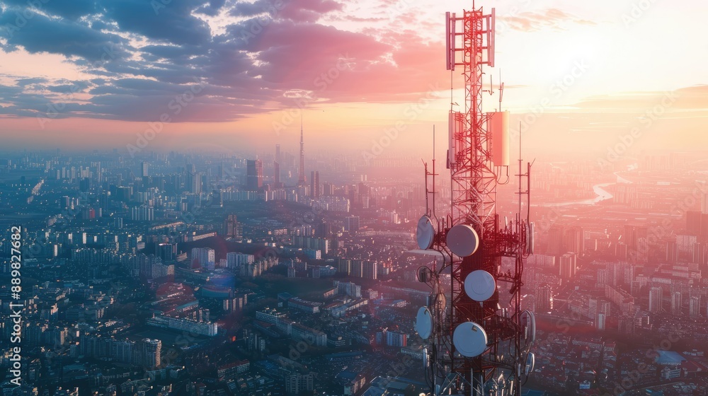 Urban skyline with telecommunication tower and 5G antenna, showcasing worldwide connectivity and internet network Urban skyline with telecommunication tower and 5G antenna, showcasing worldwide connectivity and internet network