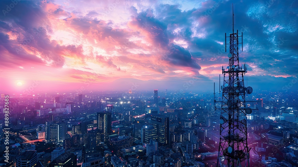 Urban skyline with telecommunication tower and 5G antenna, showcasing worldwide connectivity and internet network Urban skyline with telecommunication tower and 5G antenna, showcasing worldwide connectivity and internet network