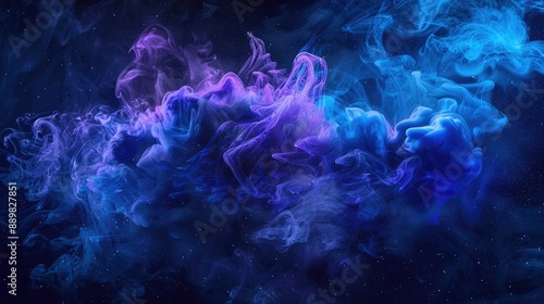 Vibrant shades of blue and purple ink explode on dark backdrop, forming a celestial abstract image