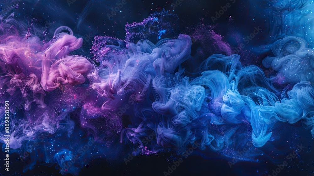 Vivid blue and purple ink clouds swirl on dark backdrop, evoking cosmic wonder in abstract artistry Vivid blue and purple ink clouds swirl on dark backdrop, evoking cosmic wonder in abstract artistry