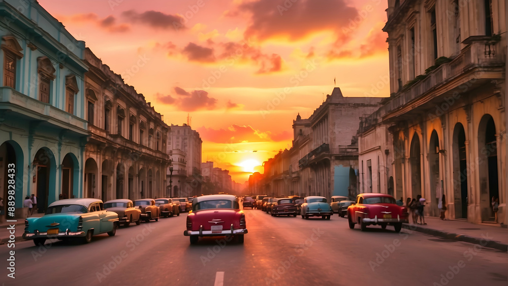 Naklejka premium Vibrant sunset over a bustling street scene