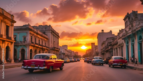 Vintage cars on a street at sunset