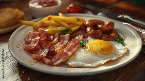 fried eggs with bacon sausage and ham served with a side of home fries photo