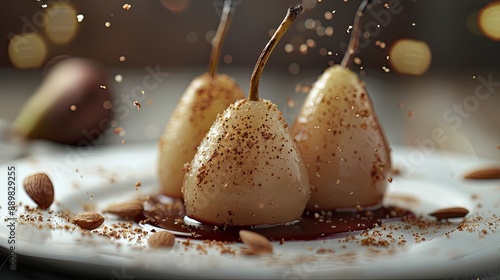 Fototapeta Naklejka Na Ścianę i Meble -  A poached pear dessert sprinkled with almond pieces A taste of Turkish desserts pear dessert Poached pears in red wine