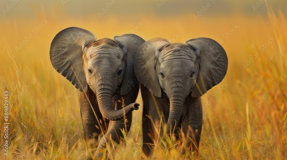 Fototapeta premium An adorable shot of baby elephants in a grassland standing back to back