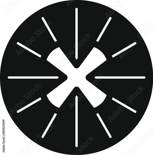 Black and white icon of a round button with an x shape in the center, surrounded by lines that look like sun rays