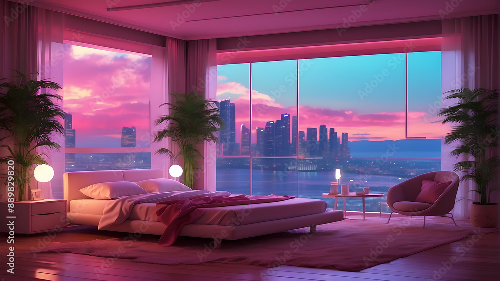 Fototapeta premium Modern bedroom with city skyline view at dusk