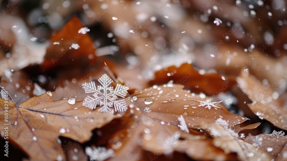 Snowflakes graupel on brown fallen leaves Snowflakes graupel on brown fallen leaves