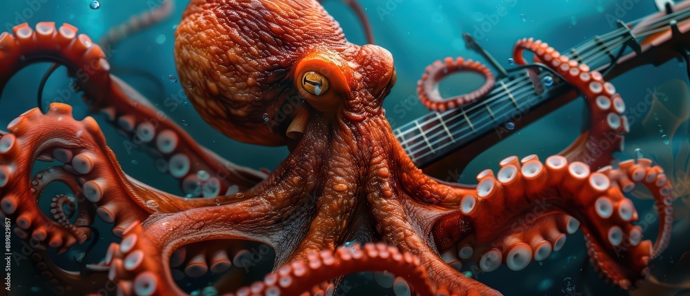 Obraz premium An octopus dressed as a musician is playing multiple instruments in a supernatural undersea concert