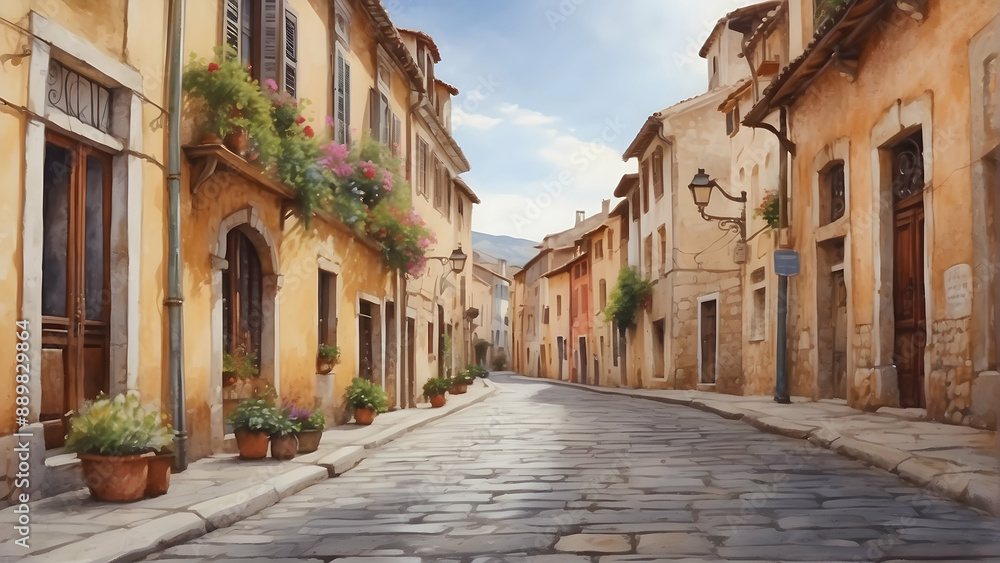 Quaint old European street in watercolor Quaint old European street in watercolor