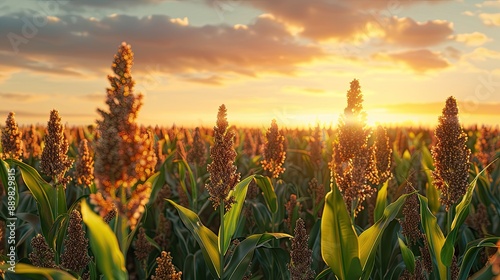 Biofuel and Food Sorghum Plantation industry in sunset Field of Sweet Sorghum stalk and seeds Millet field Agriculture field of sorghum named also Durra Milo or Jowari Healthy nutrients photo