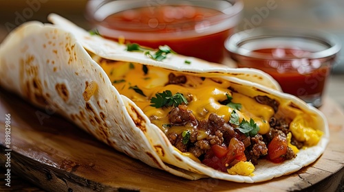 Thick homemade tortilla holds a breakfast taco covered with melted cheese cilantro and salsa dipping sauce for a fullfilling meal photo