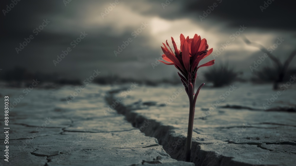 Fototapeta premium A lone red flower in a cracked earth with dark clouds, AI