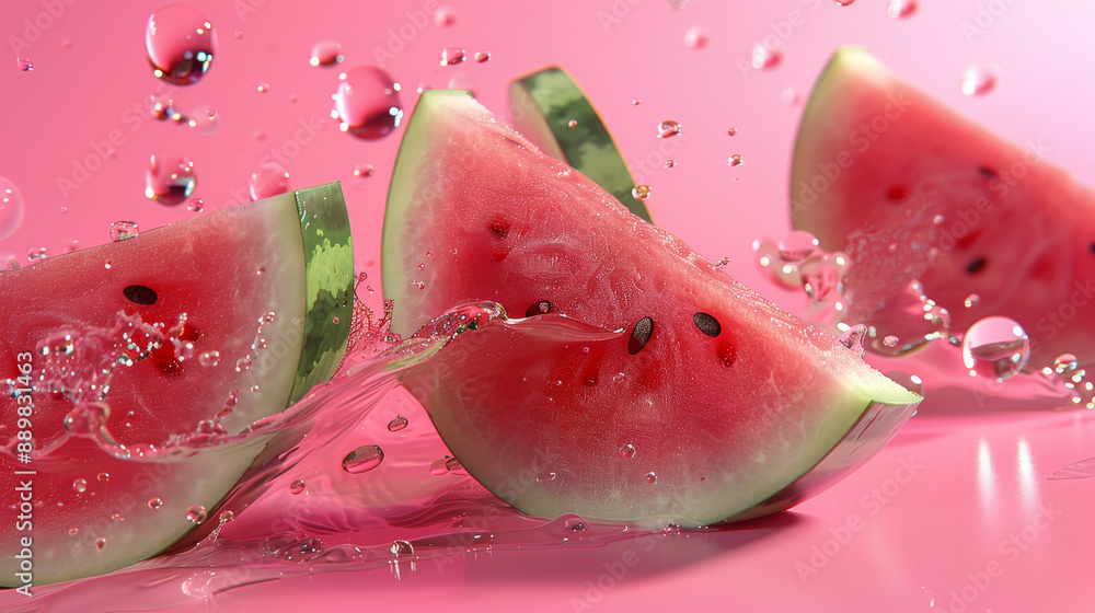 Fresh Watermelon Slices Splashing in Water on Pink Background Fresh Watermelon Slices Splashing in Water on Pink Background