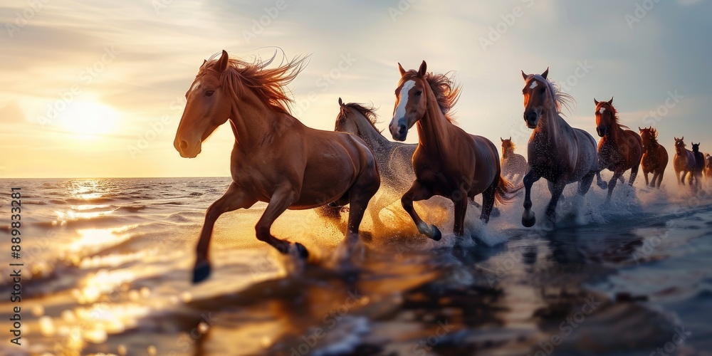 Artistic Photo of Horses Galloping on Ocean Shore at Sunset with Motion Blur and Multiple Exposure Artistic Photo of Horses Galloping on Ocean Shore at Sunset with Motion Blur and Multiple Exposure