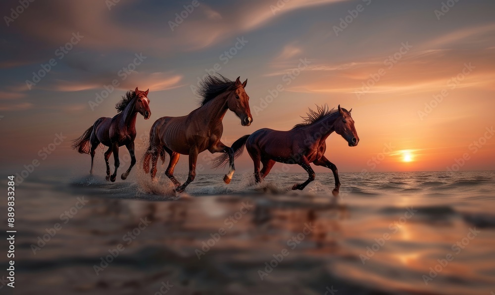 Artistic Photo of Horses Galloping on Ocean Shore at Sunset with Motion Blur and Multiple Exposure Artistic Photo of Horses Galloping on Ocean Shore at Sunset with Motion Blur and Multiple Exposure