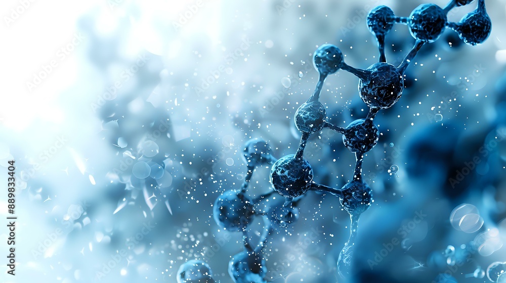 Close-up of molecular structure with blue glowing particles. Perfect for science, biotechnology, and medical research themes. Close-up of molecular structure with blue glowing particles. Perfect for science, biotechnology, and medical research themes.