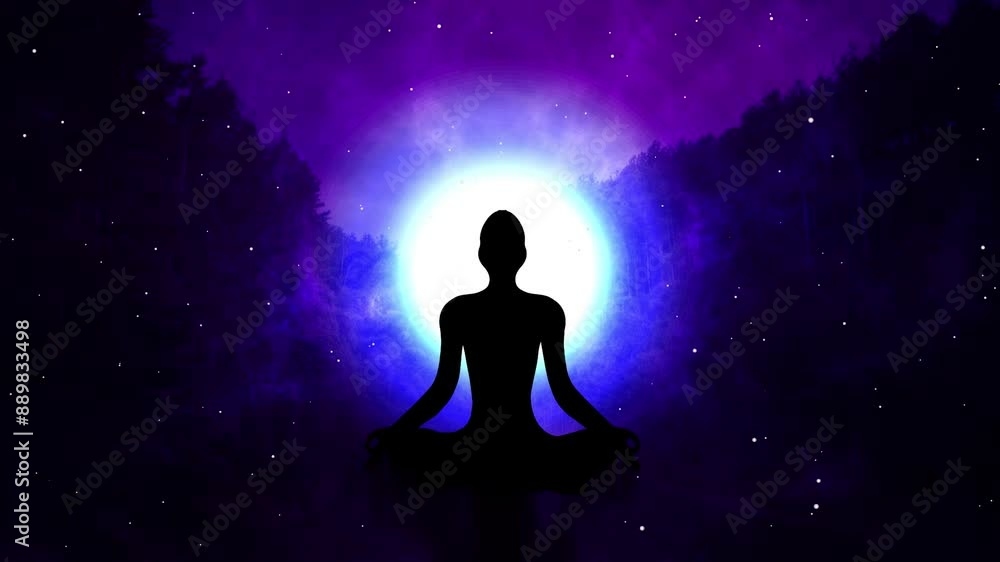 Silhouette of a person meditating at night against a background of light and forest silhouette Silhouette of a person meditating at night against a background of light and forest silhouette