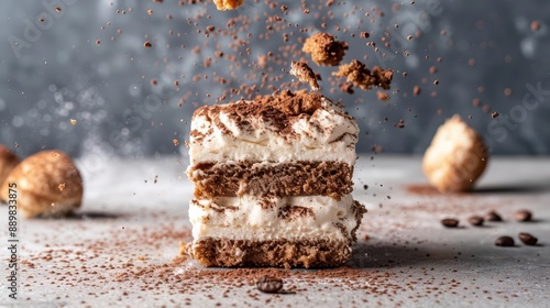 Tiramisu layers splintering, sending espressosoaked ladyfingers and mascarpone flying in a graceful burst photo