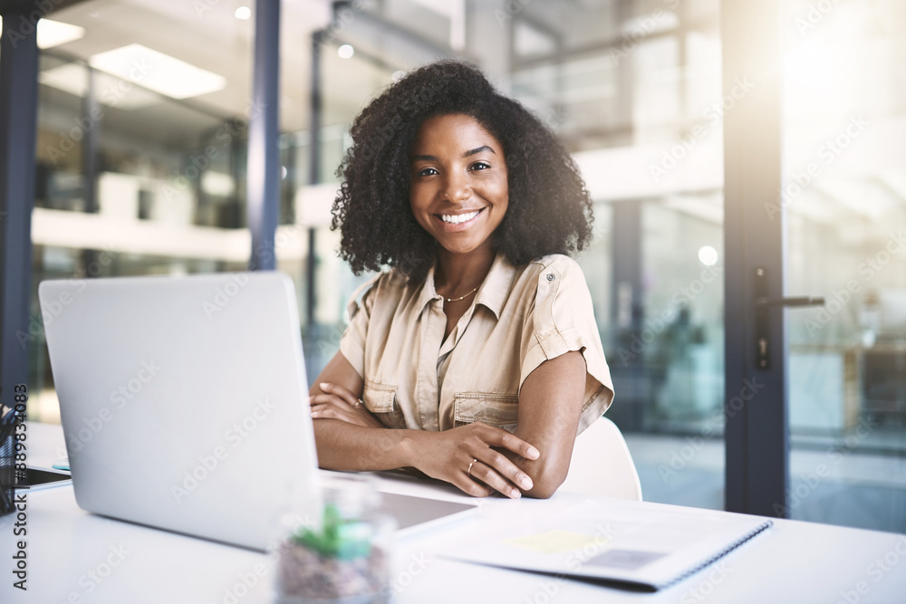 Portrait, smile and black woman in office with laptop, business plan and confidence for growth. About us, support and happy consultant with opportunity, folder and online project at digital agency Portrait, smile and black woman in office with laptop, business plan and confidence for growth. About us, support and happy consultant with opportunity, folder and online project at digital agency