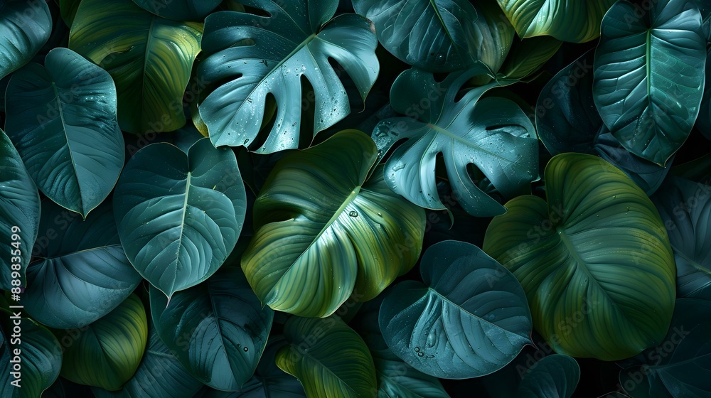 Fototapeta premium Large tropical leaf with dark green texture
