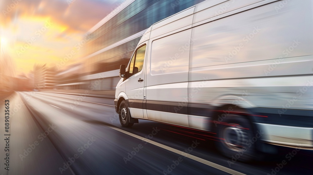 Fototapeta premium Dynamic Delivery: White Van Speeding Through Sunset Cityscape. Generative ai 