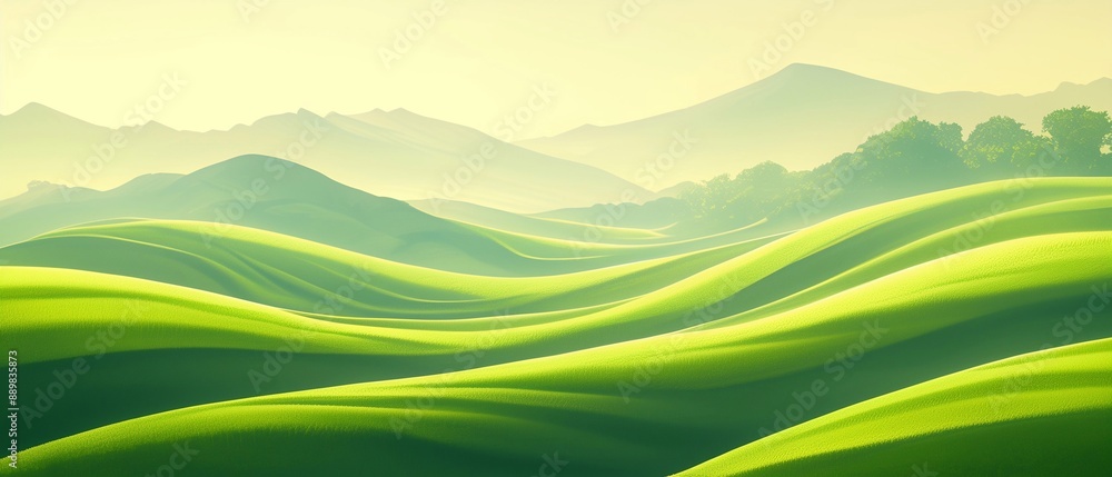 Obraz premium Lush Rolling Landscapes: Verdant Hills in Misty Green Harmony. Generative ai 