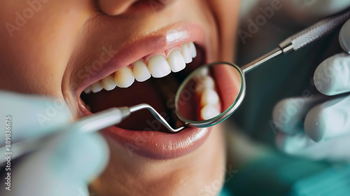 Dentist examining a patient's teeth with a dental mirror and light photo