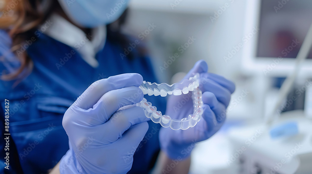Dentist explaining the benefits of invisible aligners for orthodontic treatment Dentist explaining the benefits of invisible aligners for orthodontic treatment