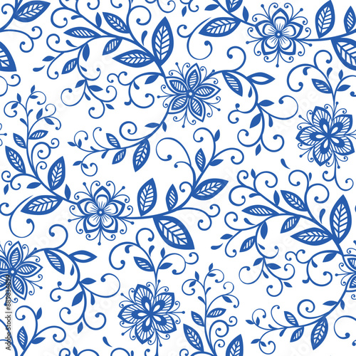Decorative flowers seamless pattern. Blue and white background. Vector illustration.