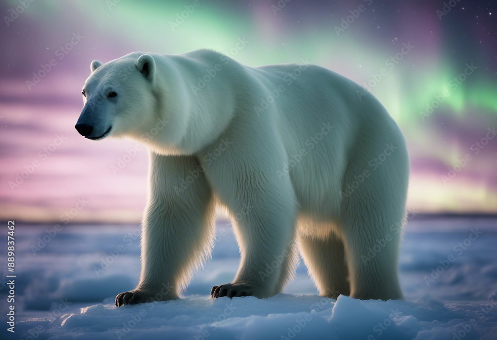A polar bear standing on an ice floe under the northern lights
A polar bear standing on an ice floe under the northern lights