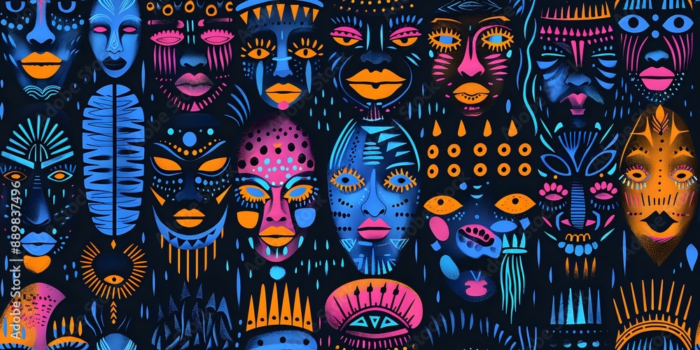 Obraz premium Colorful tribal mask pattern with vibrant hues of blue, pink, and orange on a dark background. Ideal for cultural artwork, fabric prints, or digital designs.