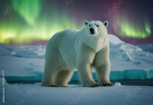 A polar bear standing on an ice floe under the northern lights  © abu