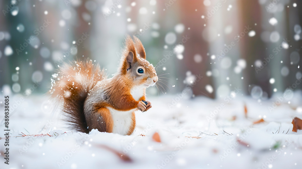 Curious red squirrel Sciurus vulgaris sitting on a snowy forest floor and searching for food amid the trees and branches on a cold winter day with a blurred natural background Curious red squirrel Sciurus vulgaris sitting on a snowy forest floor and searching for food amid the trees and branches on a cold winter day with a blurred natural background