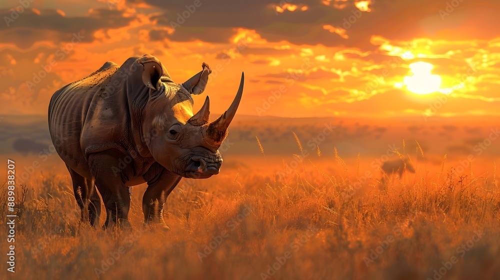 Fototapeta premium Majestic White Rhinoceros Ceratotherium simum Silhouetted Against a Vibrant Sunset Sky in the Khama Rhino Sanctuary Kenya This endangered species roams the grasslands and savannas of Africa