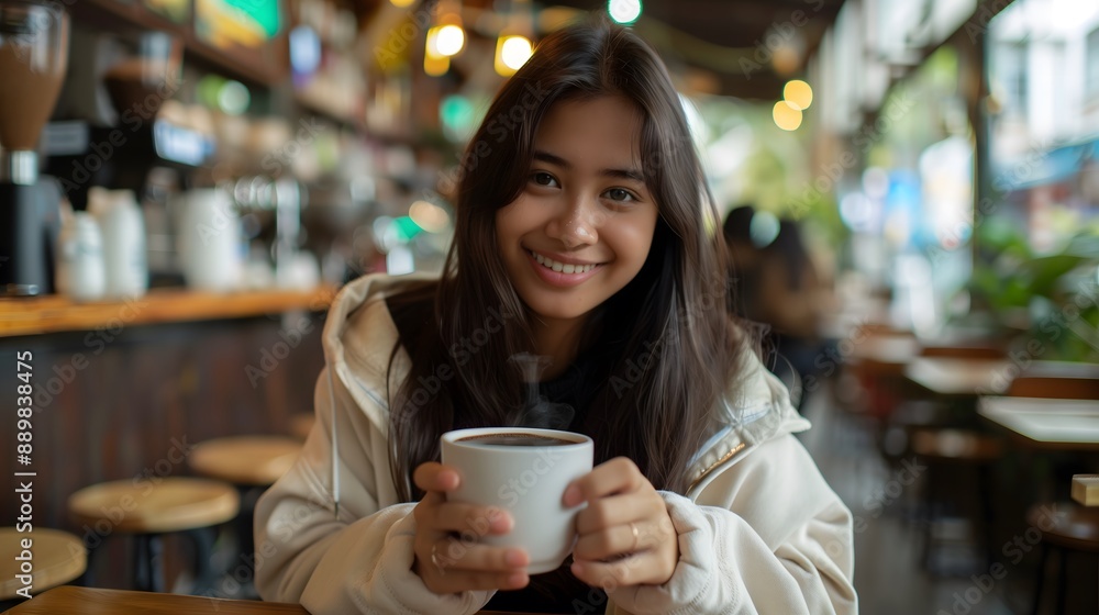 Smiling Woman Holding a Cup of Coffee at a Cafe Smiling Woman Holding a Cup of Coffee at a Cafe