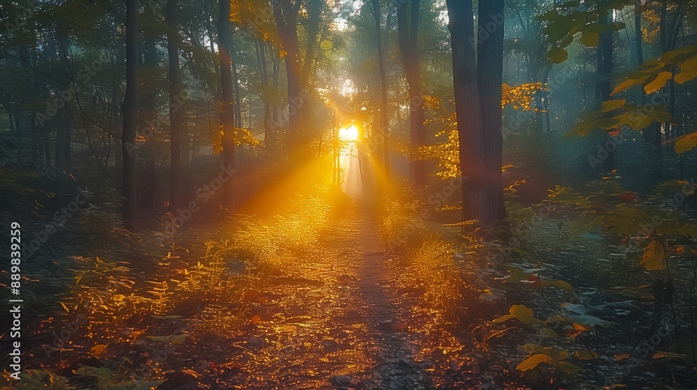 Fototapeta premium Sunbeams Illuminating a Forest Path at Sunrise