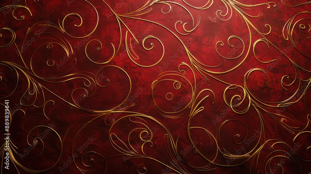 A rich, deep crimson red background with an intricate golden filigree pattern swirling across the entire surface, suggesting elegance and luxury. A rich, deep crimson red background with an intricate golden filigree pattern swirling across the entire surface, suggesting elegance and luxury.