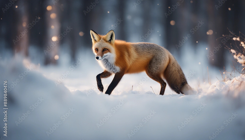 A red fox trotting through the snowy forest, twilight
A red fox trotting through the snowy forest, twilight