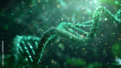 Abstract depiction of a green DNA double helix with glowing particles, symbolizing genetics and biotechnology. Perfect for themes related to science, biology, and medical research.