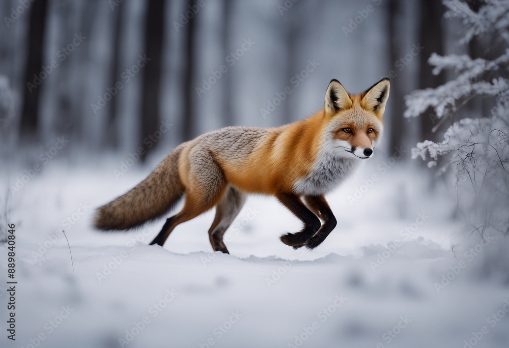 A red fox trotting through the snowy forest, twilight
A red fox trotting through the snowy forest, twilight