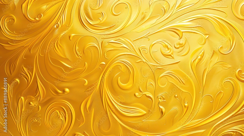 A rich, deep topaz yellow background with an intricate golden filigree pattern swirling across the entire surface, suggesting elegance and luxury. A rich, deep topaz yellow background with an intricate golden filigree pattern swirling across the entire surface, suggesting elegance and luxury.