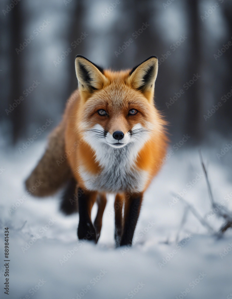 A red fox trotting through the snowy forest, twilight
A red fox trotting through the snowy forest, twilight