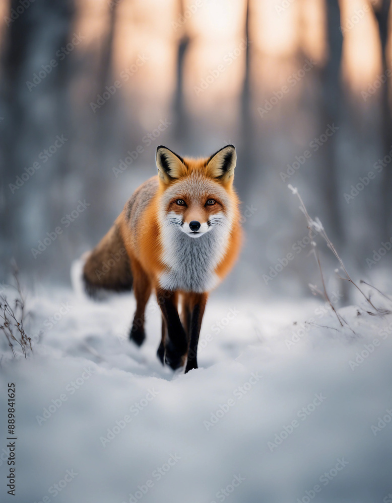 Fototapeta premium A red fox trotting through the snowy forest, twilight 