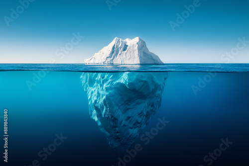 Split-shot of an iceberg floating between the cold blue ocean & the sky. Most of the iceberg is below the horizon, going down deep underwater, while its white ice part above meets a clean azure sky. 