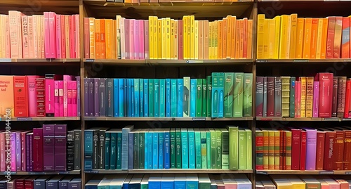 A colorful bookshelf arranged in a gradient of hues, creating a visually appealing and organized display. Perfect for concepts of literacy, organization, and interior design inspiration.