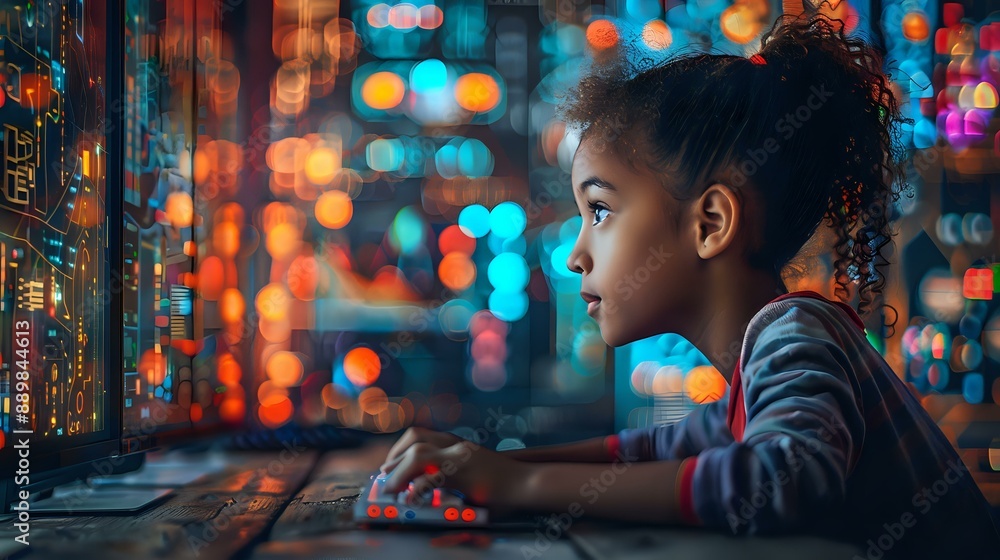 Obraz premium A young girl engrossed in a computer screen, surrounded by colorful, futuristic digital elements. Ideal for technology, education, and future-focused content.