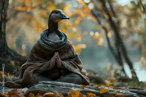A meditating goose in a serene forest setting, embodying tranquility and mindfulness. Ideal for concepts of nature, spirituality, and peaceful living.